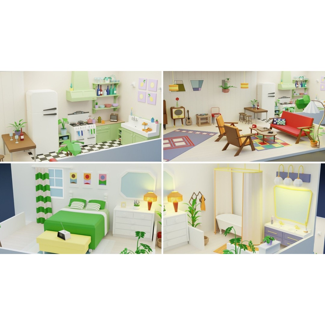 Low Poly Retro Apartments 3D Model – Game Ready Interior Pack, FBX - View 16