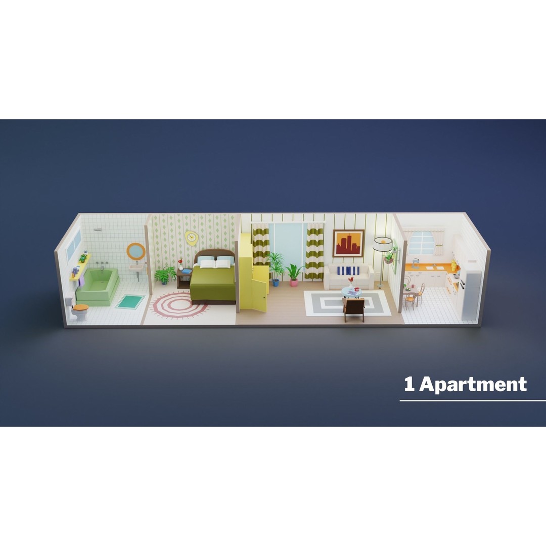 Low Poly Retro Apartments 3D Model – Game Ready Interior Pack, FBX - View 3
