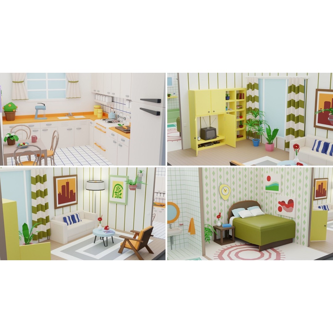 Low Poly Retro Apartments 3D Model – Game Ready Interior Pack, FBX - View 4