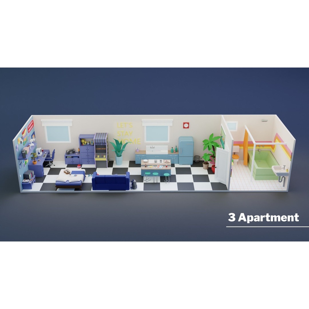 Low Poly Retro Apartments 3D Model – Game Ready Interior Pack, FBX - View 7