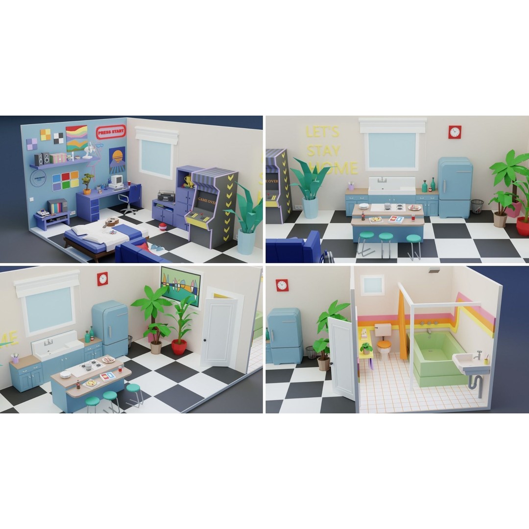 Low Poly Retro Apartments 3D Model – Game Ready Interior Pack, FBX - View 8
