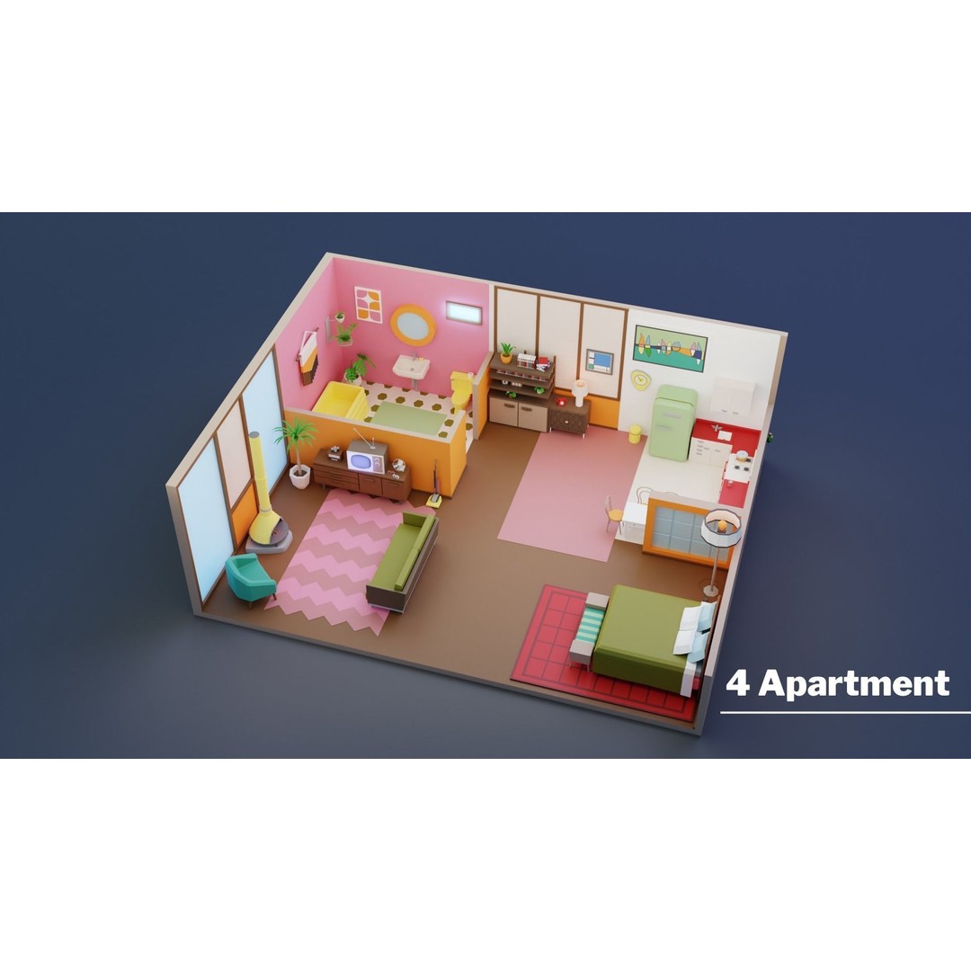 Low Poly Retro Apartments 3D Model – Game Ready Interior Pack, FBX - View 9