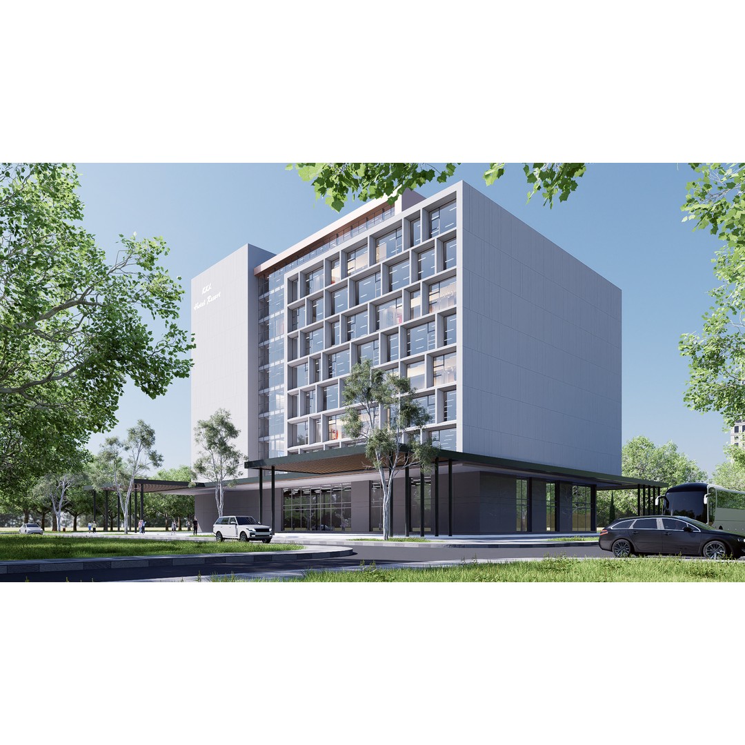 Hotel 3D Model – Low Poly Exterior Asset, FBX, PBR Textures - View 16