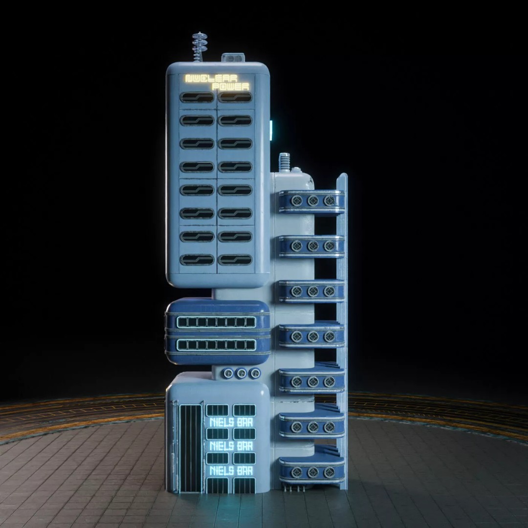 Atompunk City Environment 3D Model – Low Poly PBR Game Asset, FBX, OBJ