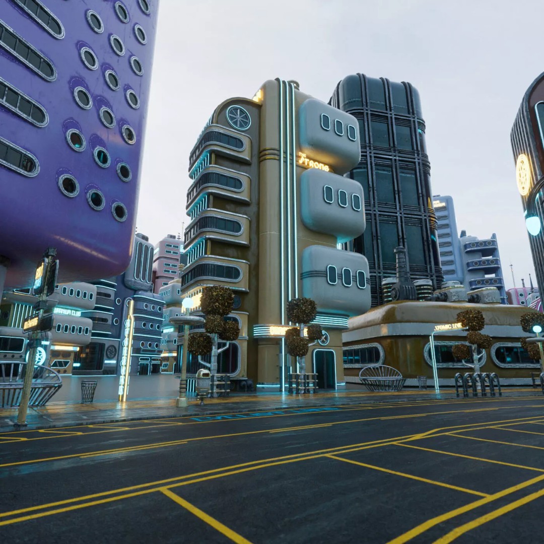 Atompunk City Environment 3D Model – Low Poly PBR Game Asset, FBX, OBJ - View 12