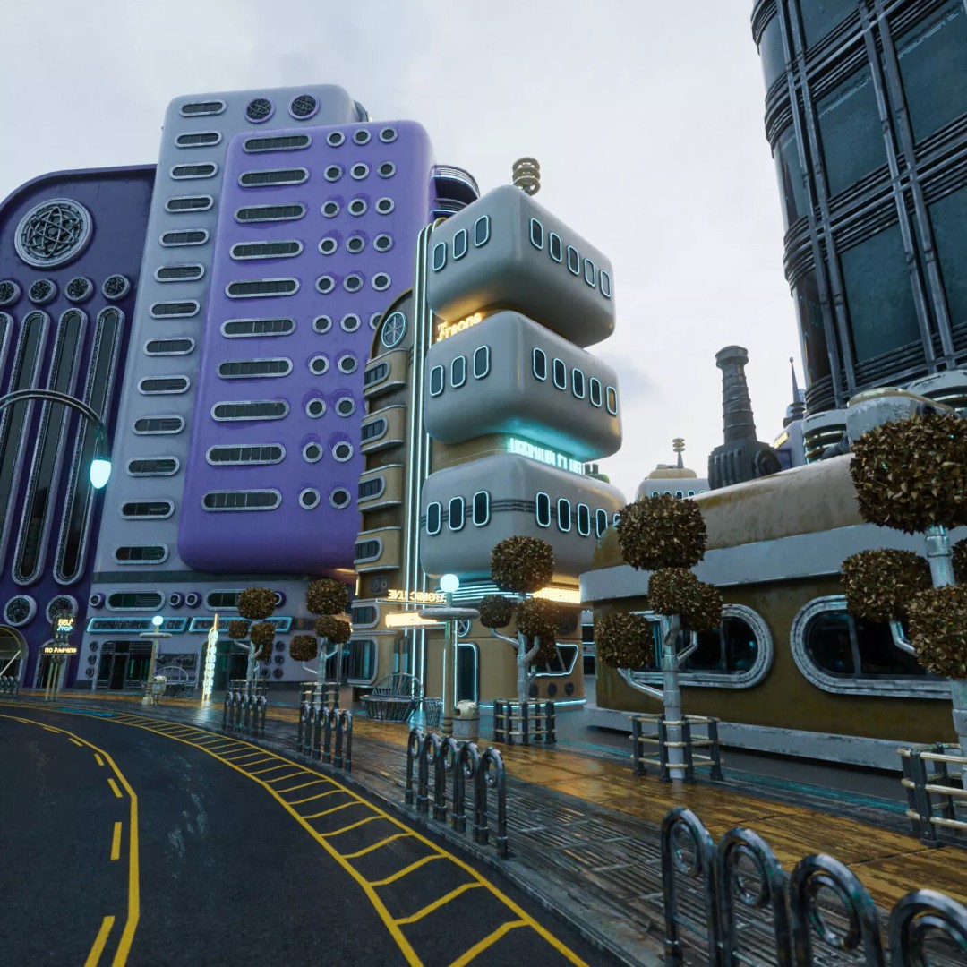 Atompunk City Environment 3D Model – Low Poly PBR Game Asset, FBX, OBJ - View 13