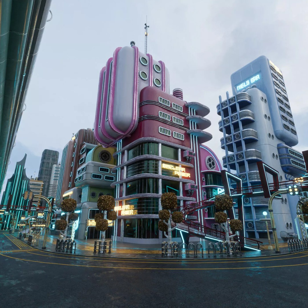 Atompunk City Environment 3D Model – Low Poly PBR Game Asset, FBX, OBJ - View 14