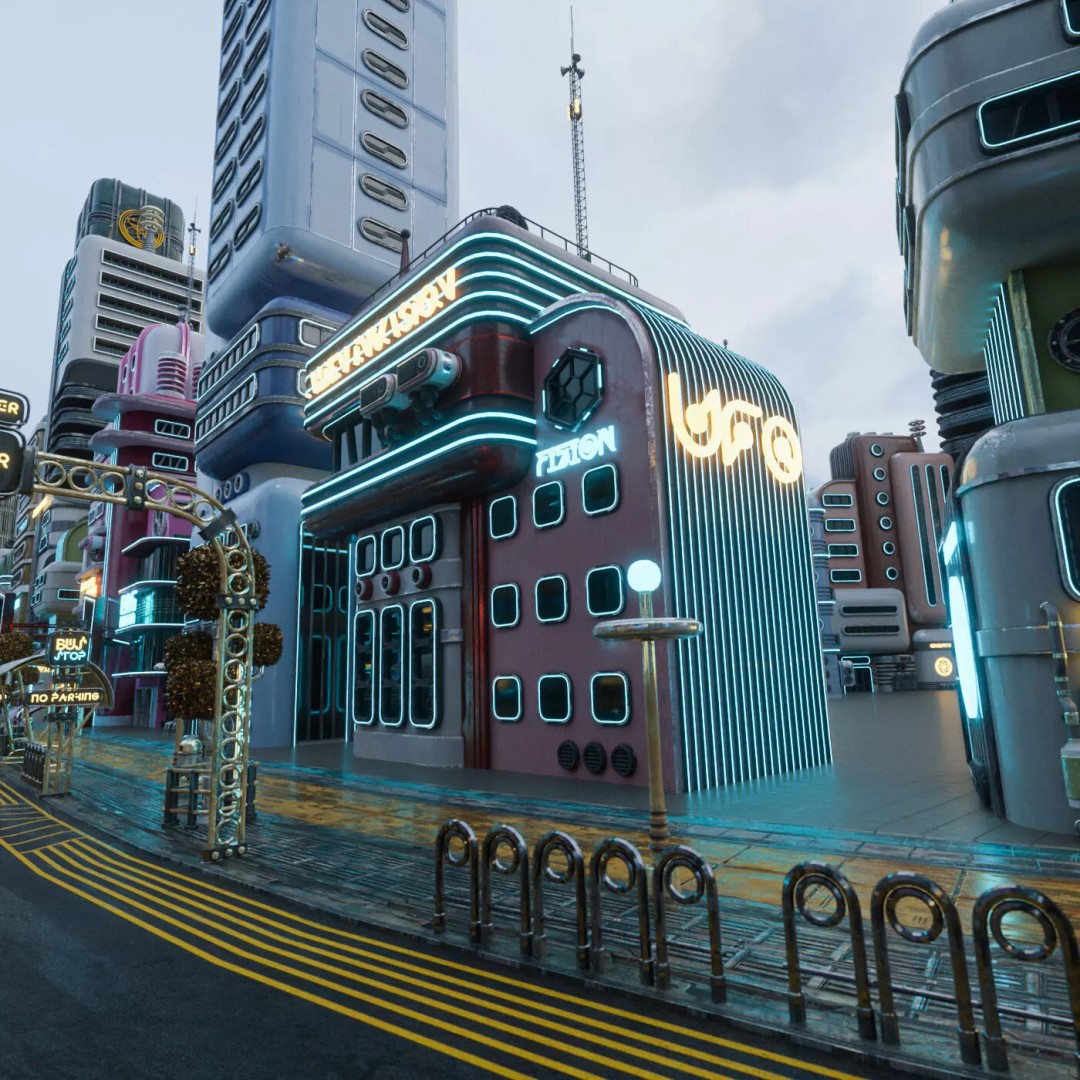 Atompunk City Environment 3D Model – Low Poly PBR Game Asset, FBX, OBJ - View 22