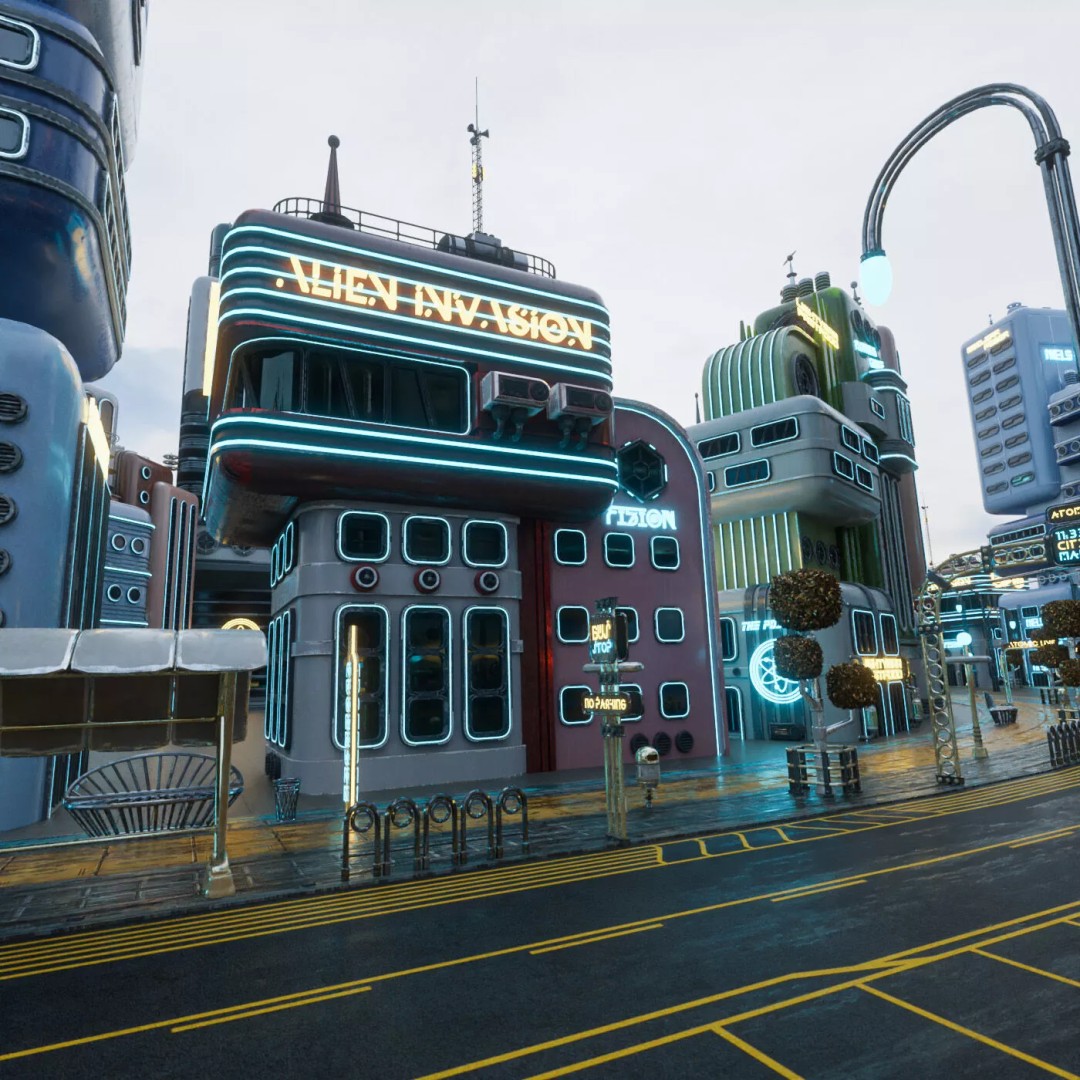 Atompunk City Environment 3D Model – Low Poly PBR Game Asset, FBX, OBJ - View 23
