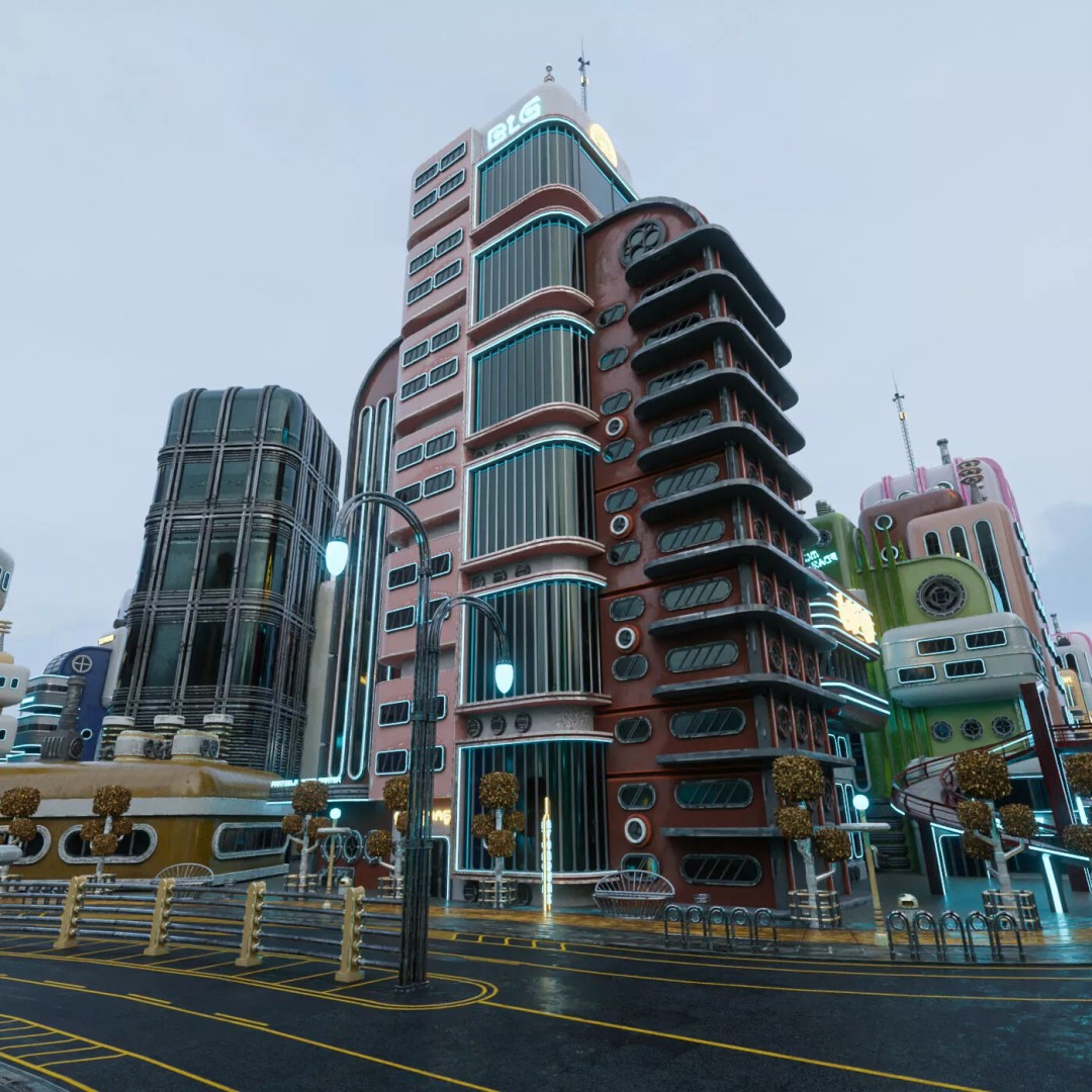 Atompunk City Environment 3D Model – Low Poly PBR Game Asset, FBX, OBJ - View 26