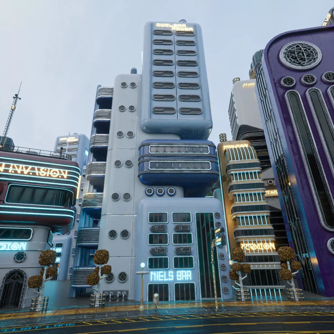 Atompunk City Environment 3D Model – Low Poly PBR Game Asset, FBX, OBJ - View 28