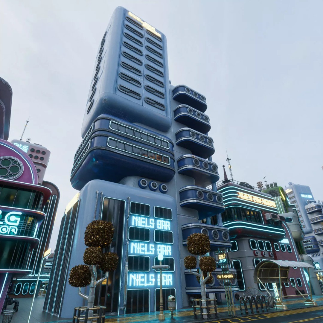 Atompunk City Environment 3D Model – Low Poly PBR Game Asset, FBX, OBJ - View 29
