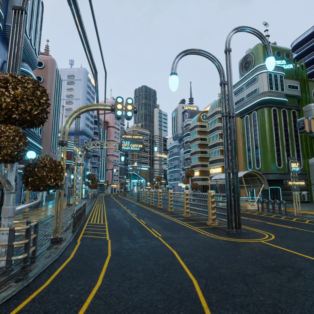 Atompunk City Environment 3D Model – Low Poly PBR Game Asset, FBX, OBJ - View 3