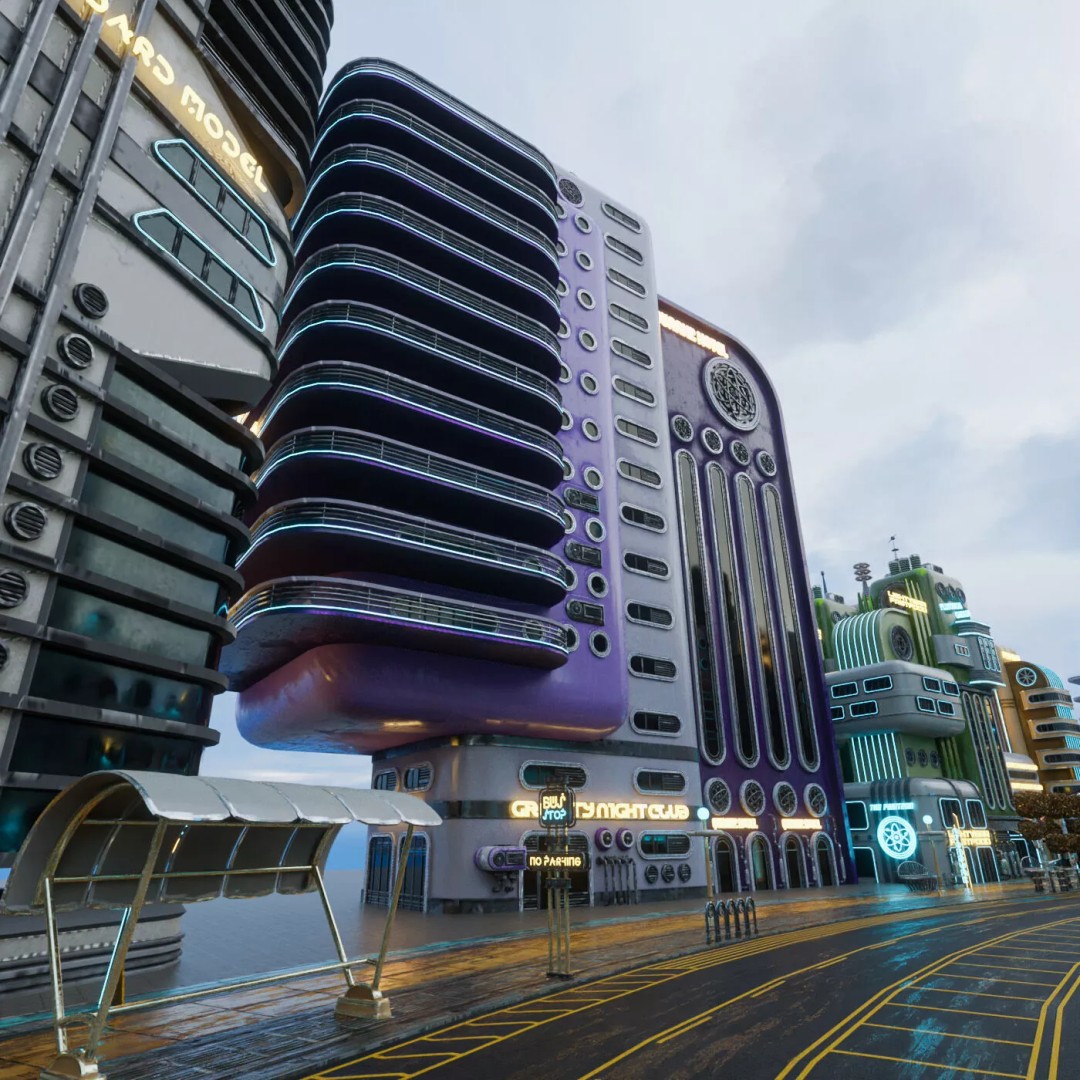 Atompunk City Environment 3D Model – Low Poly PBR Game Asset, FBX, OBJ - View 31