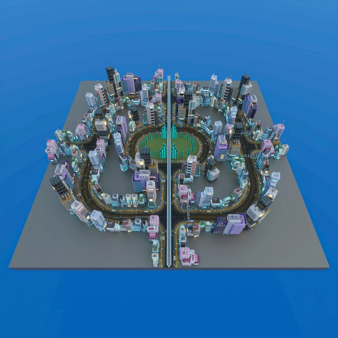 Atompunk City Environment 3D Model – Low Poly PBR Game Asset, FBX, OBJ - View 6