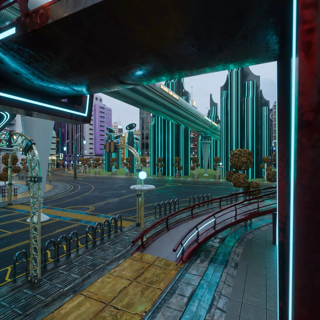 Atompunk City Environment 3D Model – Low Poly PBR Game Asset, FBX, OBJ - View 9