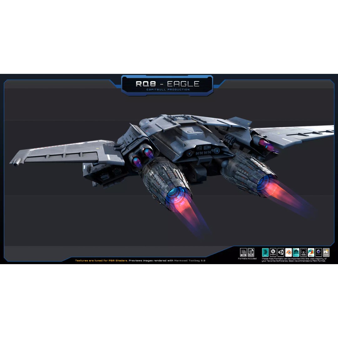 RQ8 Eagle 3D Model – Low Poly Sci-Fi Fighter, FBX, OBJ - View 11