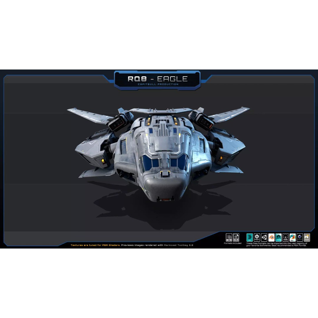 RQ8 Eagle 3D Model – Low Poly Sci-Fi Fighter, FBX, OBJ - View 6