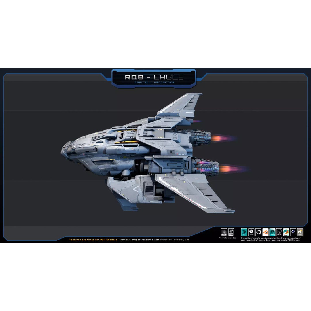 RQ8 Eagle 3D Model – Low Poly Sci-Fi Fighter, FBX, OBJ - View 7