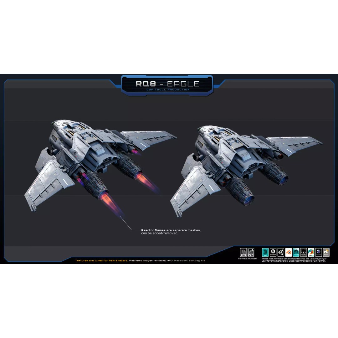RQ8 Eagle 3D Model – Low Poly Sci-Fi Fighter, FBX, OBJ - View 8