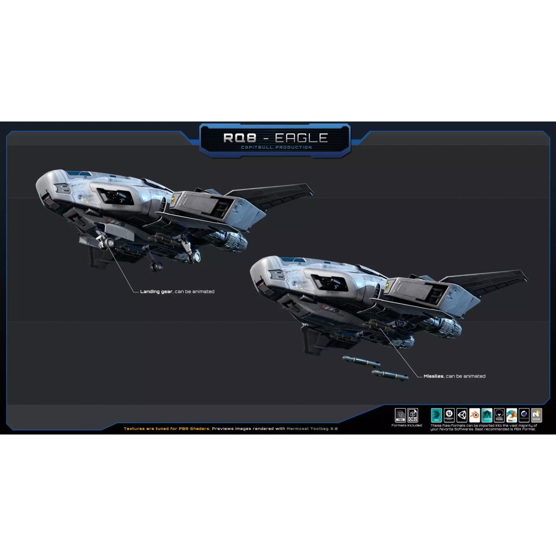 RQ8 Eagle 3D Model – Low Poly Sci-Fi Fighter, FBX, OBJ - View 9