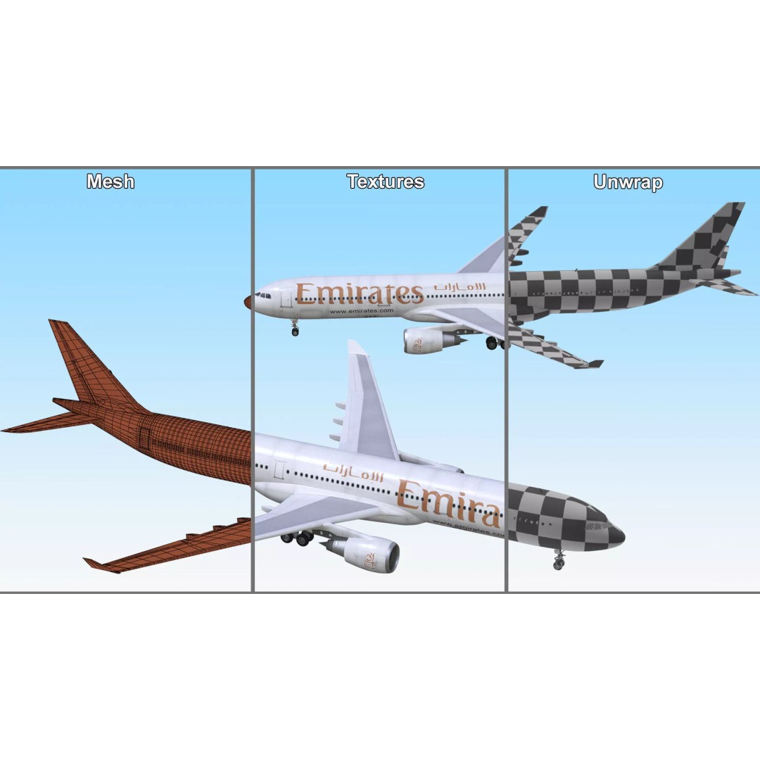 Emirates Airbus A330-200 3D Model – High Poly Aircraft with PBR Textures, FBX - View 21