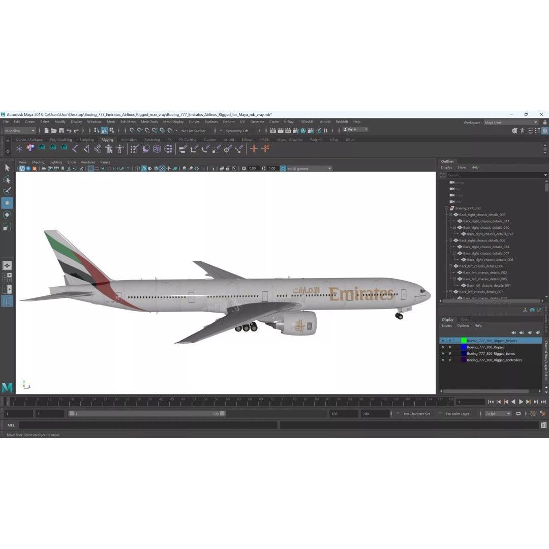 Boeing 777 Emirates Airlines 3D Model – Rigged Animation Asset for Maya - View 33