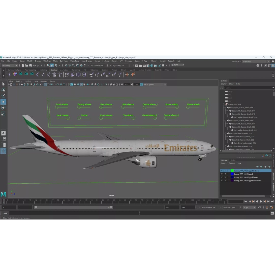 Boeing 777 Emirates Airlines 3D Model – Rigged Animation Asset for Maya - View 34