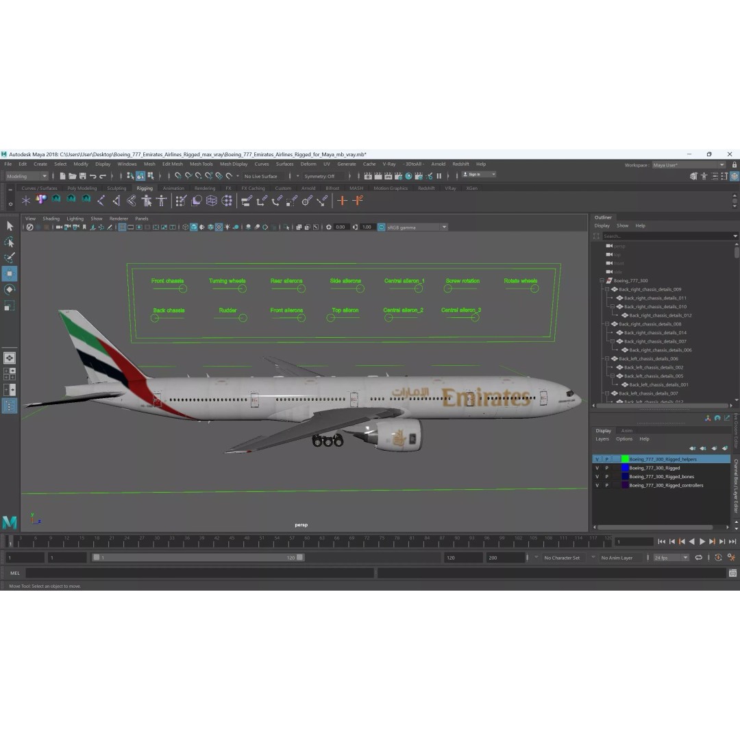 Boeing 777 Emirates Airlines 3D Model – Rigged Animation Asset for Maya - View 35
