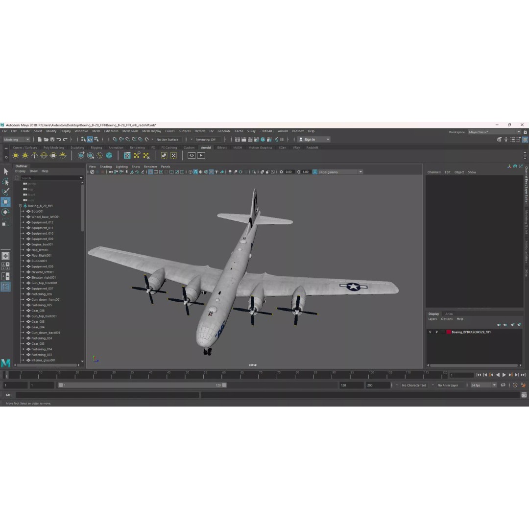Boeing B-29 FIFI 3D Model – High Poly Aircraft, FBX, PBR Textures