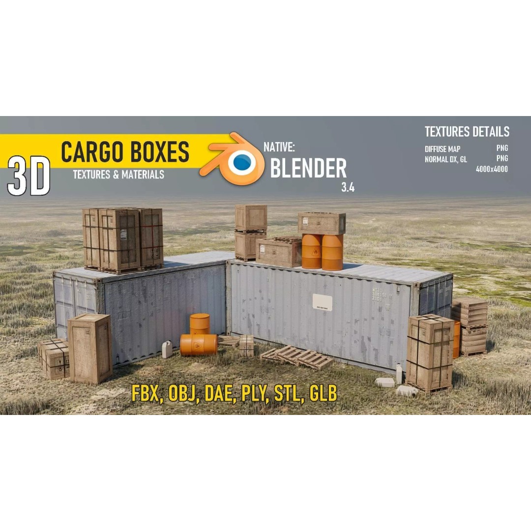 Cargo Boxes 3D Model – Low Poly Game Asset, Blender, FBX - View 2
