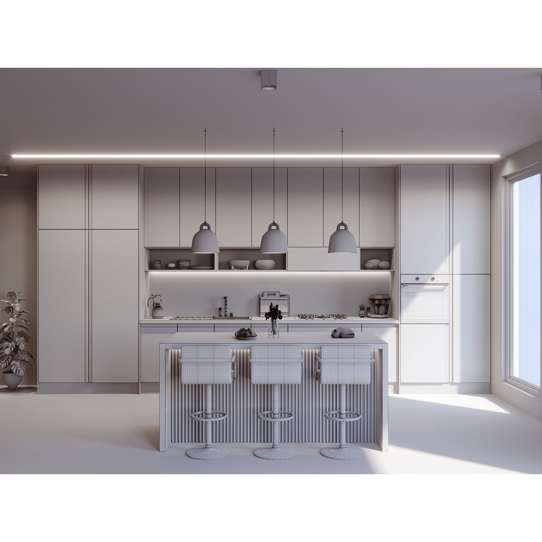 Modern Kitchen 3D Model – Photorealistic Design for Archviz, FBX, OBJ