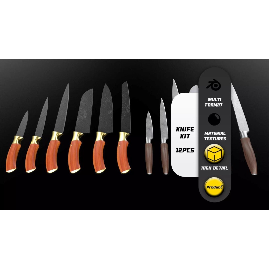 Knife Collection 3D Model – High Detail Kitchenware Set, FBX - View 2