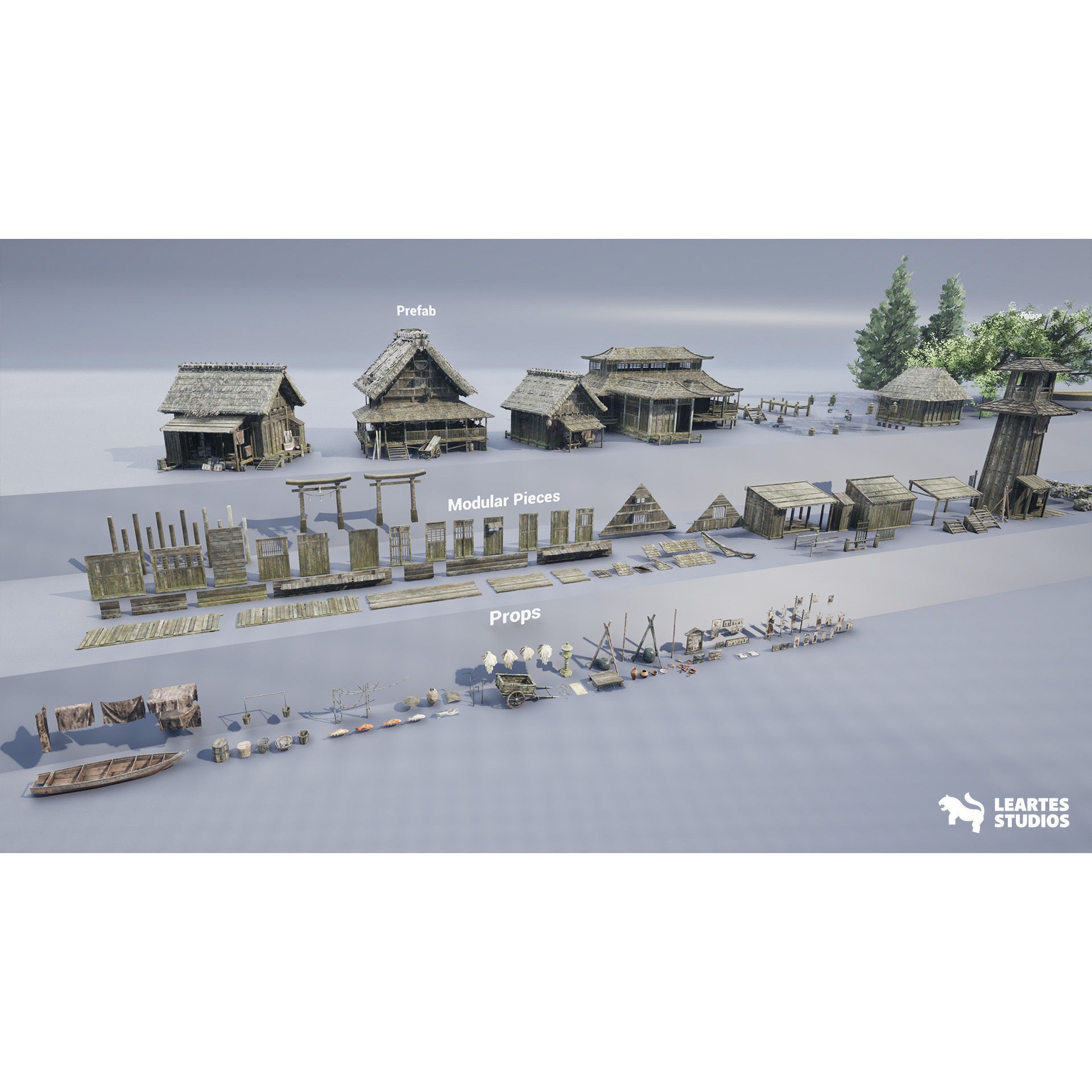 Feudal Japanese Village - Low-Poly Game-Ready 3D Model