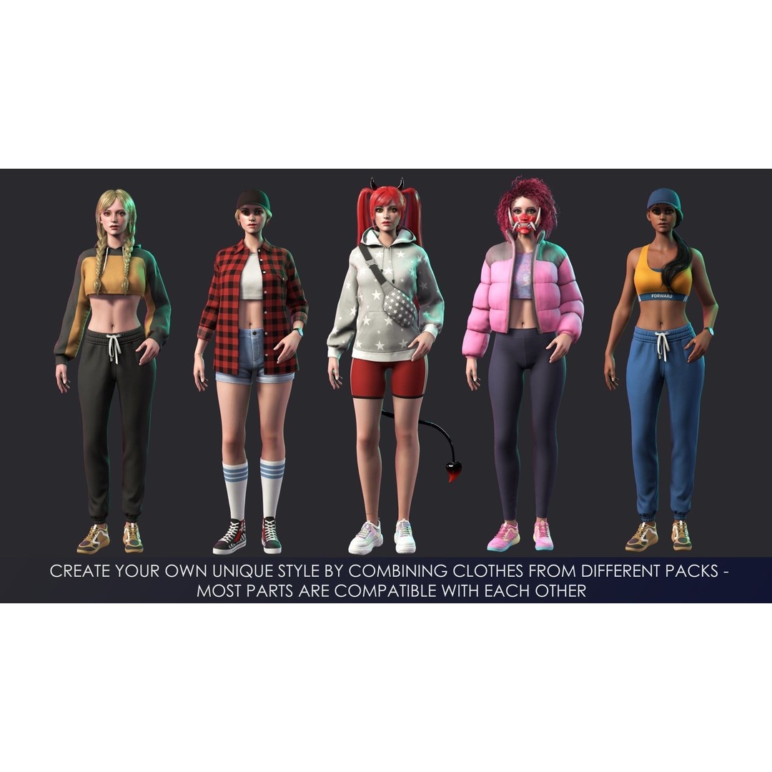 Casual Wear Girls 3D Model – Realistic Stylized Character Pack, FBX - View 10