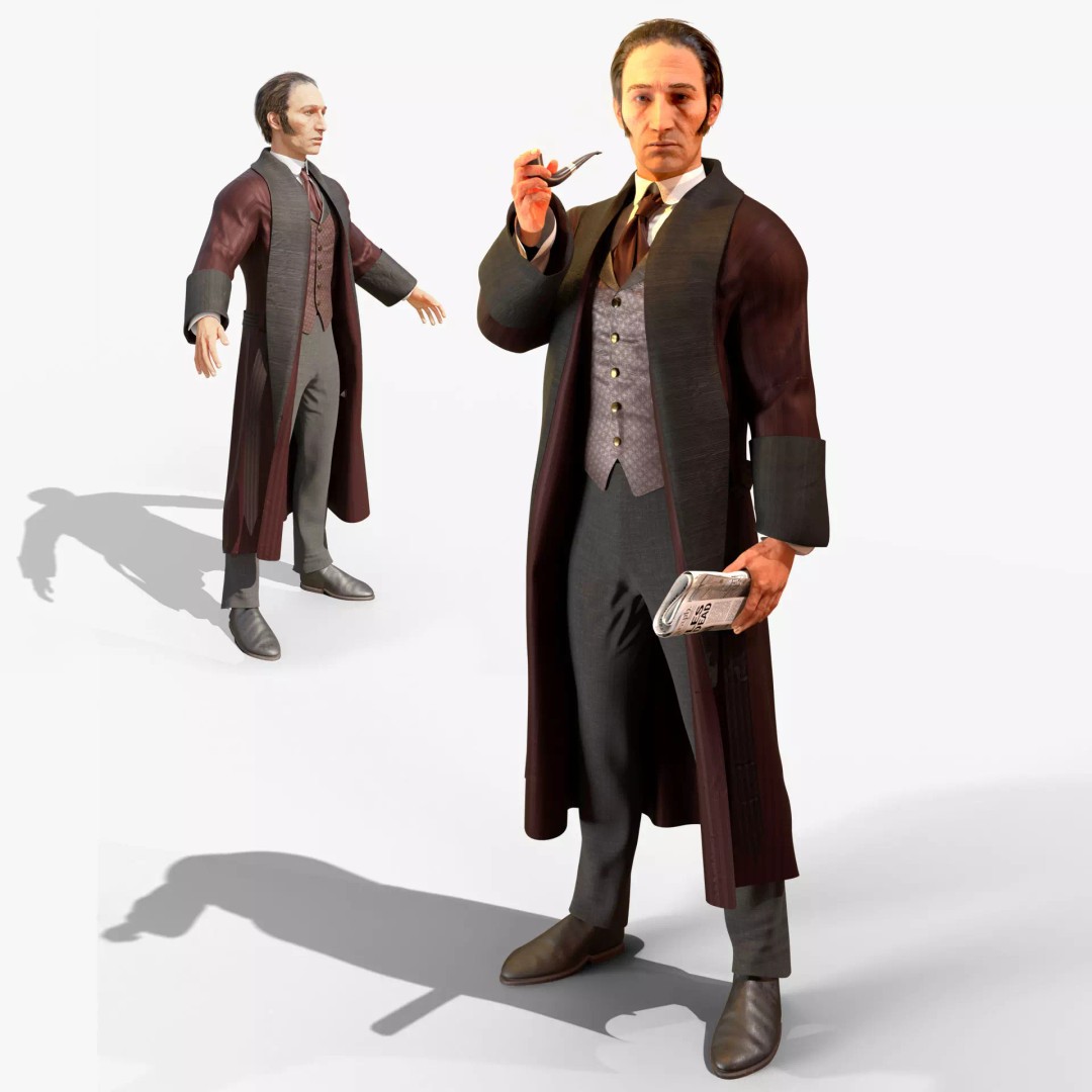 Sherlock Holmes 3D Model – Victorian Gentleman, Rigged, FBX, PBR - View 2
