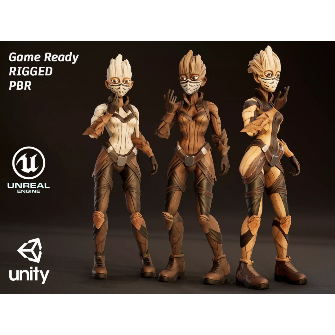 Stylized Female Forest Spirit 3D Model – Low Poly Game Asset, FBX - View 2