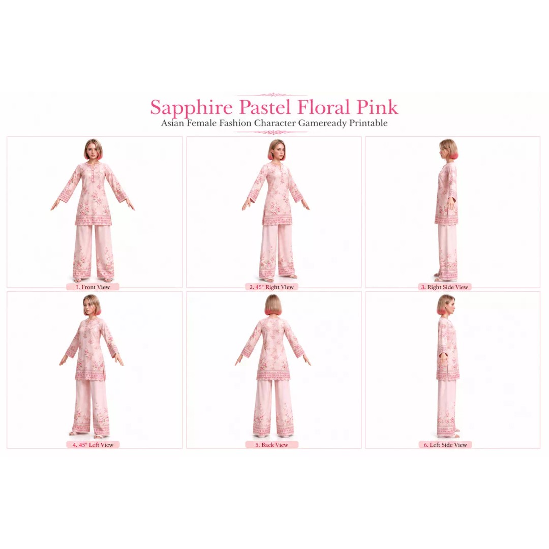 Sapphire Pastel Floral Pink Female Fashion Character 3D Model – Game Ready, Rigged - View 2