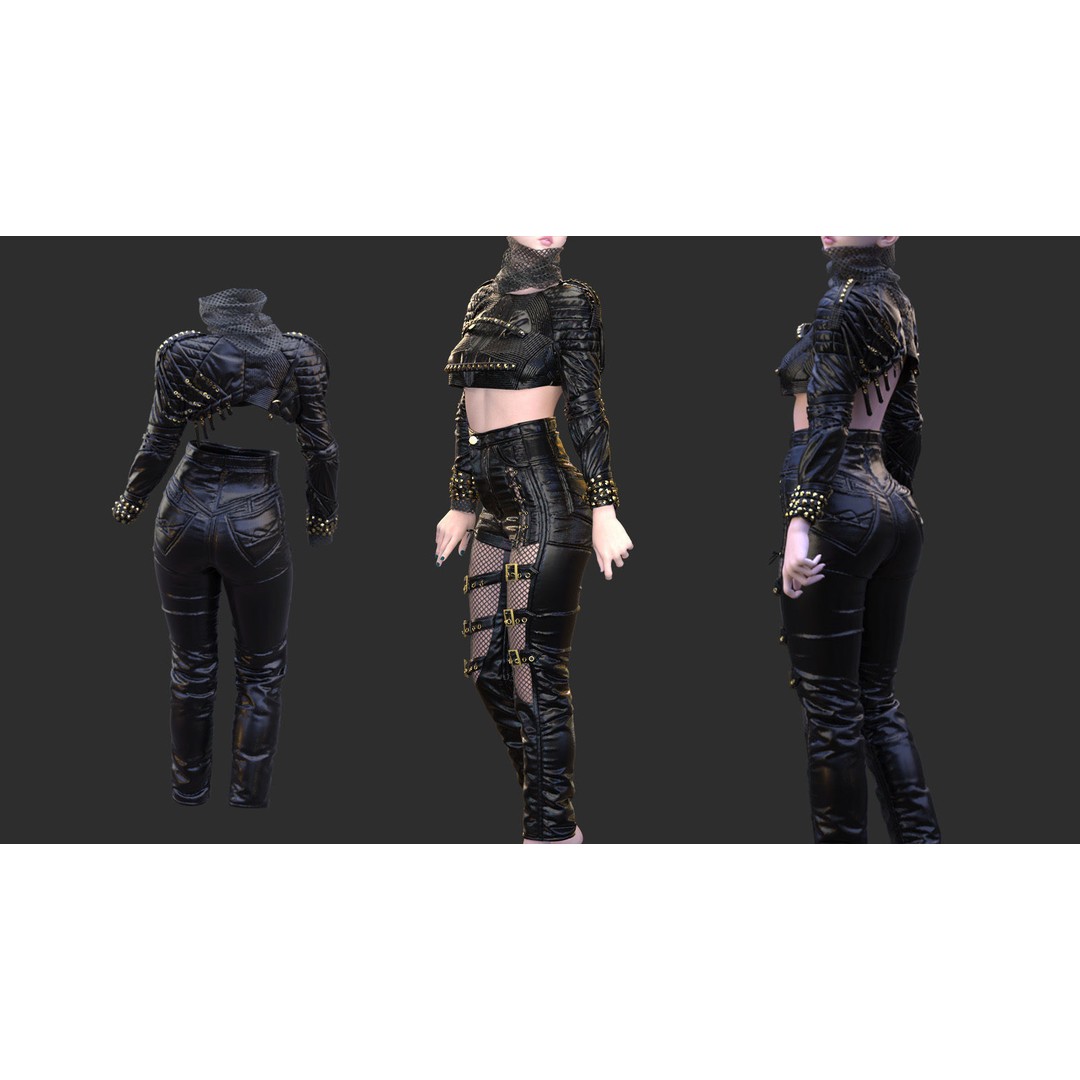 Leather Suits Set 3D Model – Stylish Female Clothing, FBX & OBJ Formats - View 3