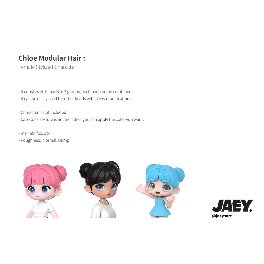 Chloe Modular Hair 3D Model – Low Poly Stylized Character Asset, FBX
