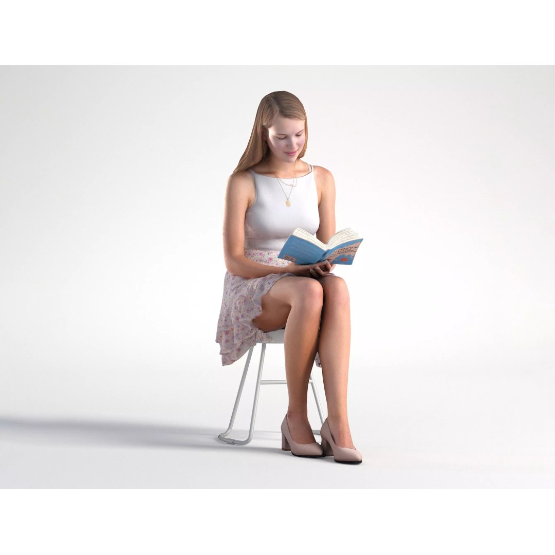 Woman 3D Model – Low Poly Casual Character Sitting and Reading - View 2