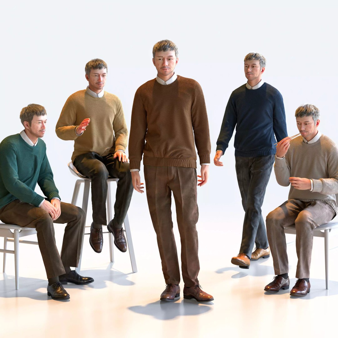 Asian Smart Casual Man 3D Model – Posed Set, FBX & OBJ Formats - View 2