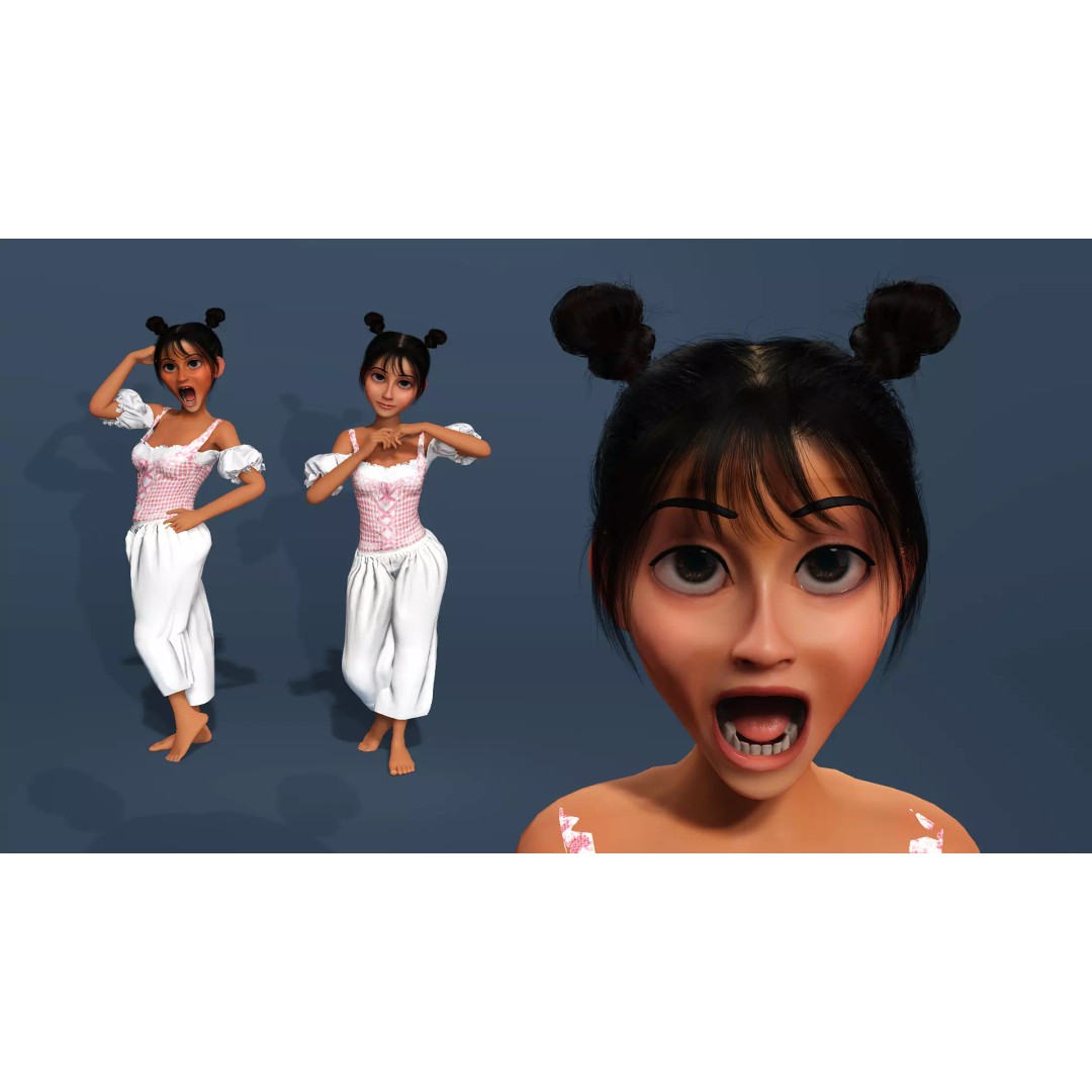 Charming Cartoon Girl 3D Model – Game Ready, Rigged, Blender & FBX - View 10
