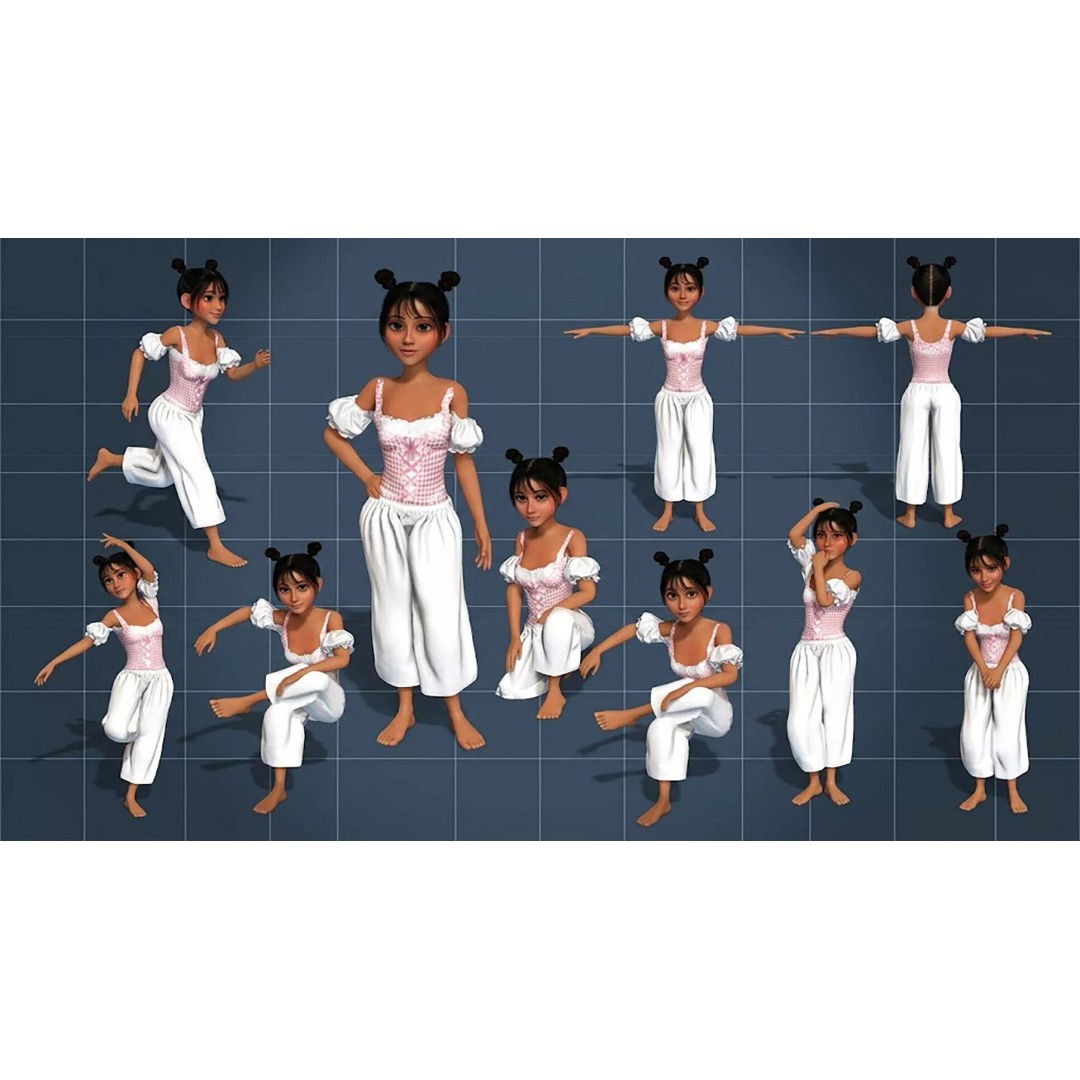 Charming Cartoon Girl 3D Model – Game Ready, Rigged, Blender & FBX - View 2