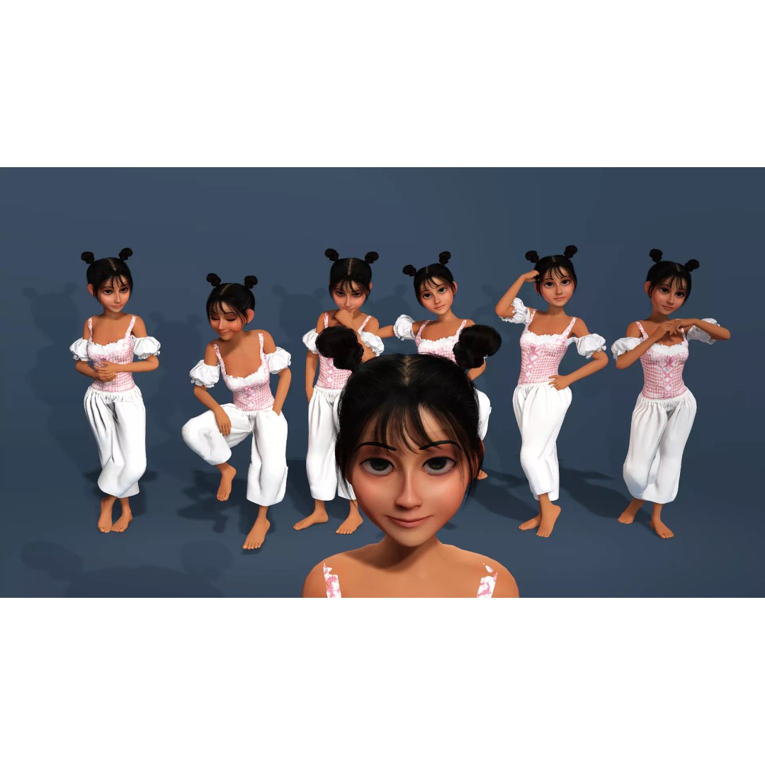 Charming Cartoon Girl 3D Model – Game Ready, Rigged, Blender & FBX - View 3