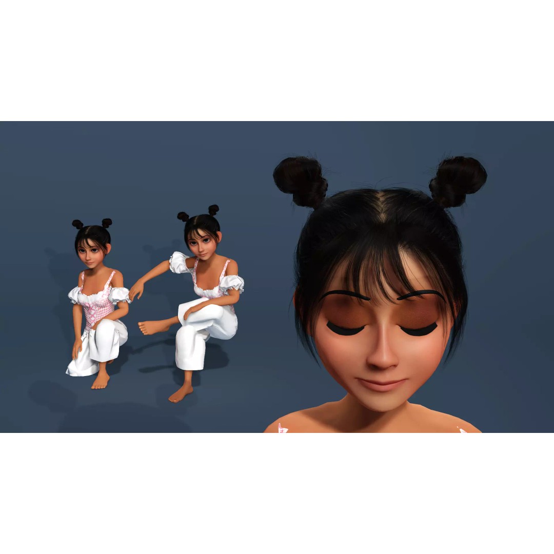 Charming Cartoon Girl 3D Model – Game Ready, Rigged, Blender & FBX - View 4