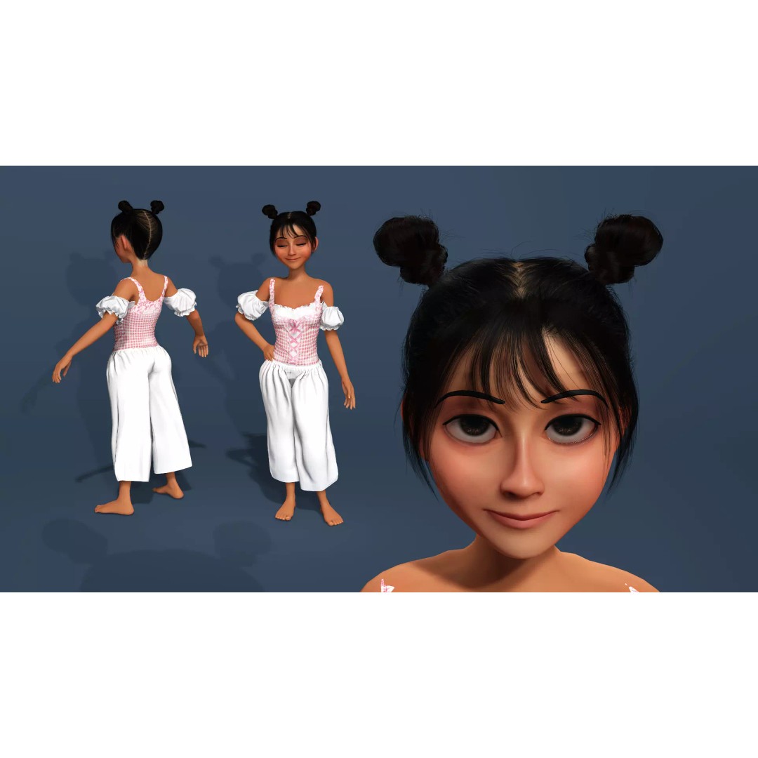 Charming Cartoon Girl 3D Model – Game Ready, Rigged, Blender & FBX - View 5