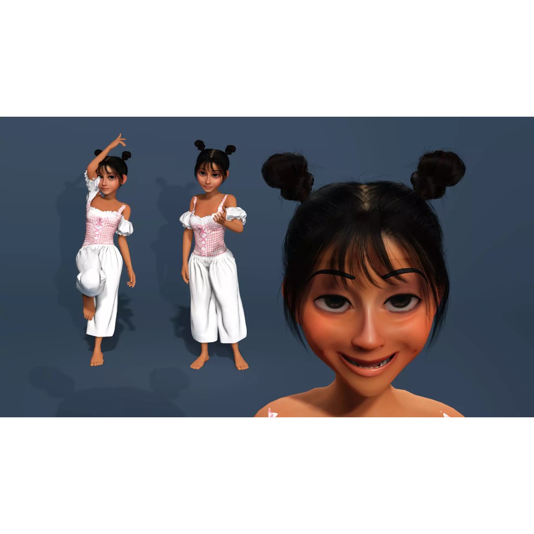 Charming Cartoon Girl 3D Model – Game Ready, Rigged, Blender & FBX - View 6