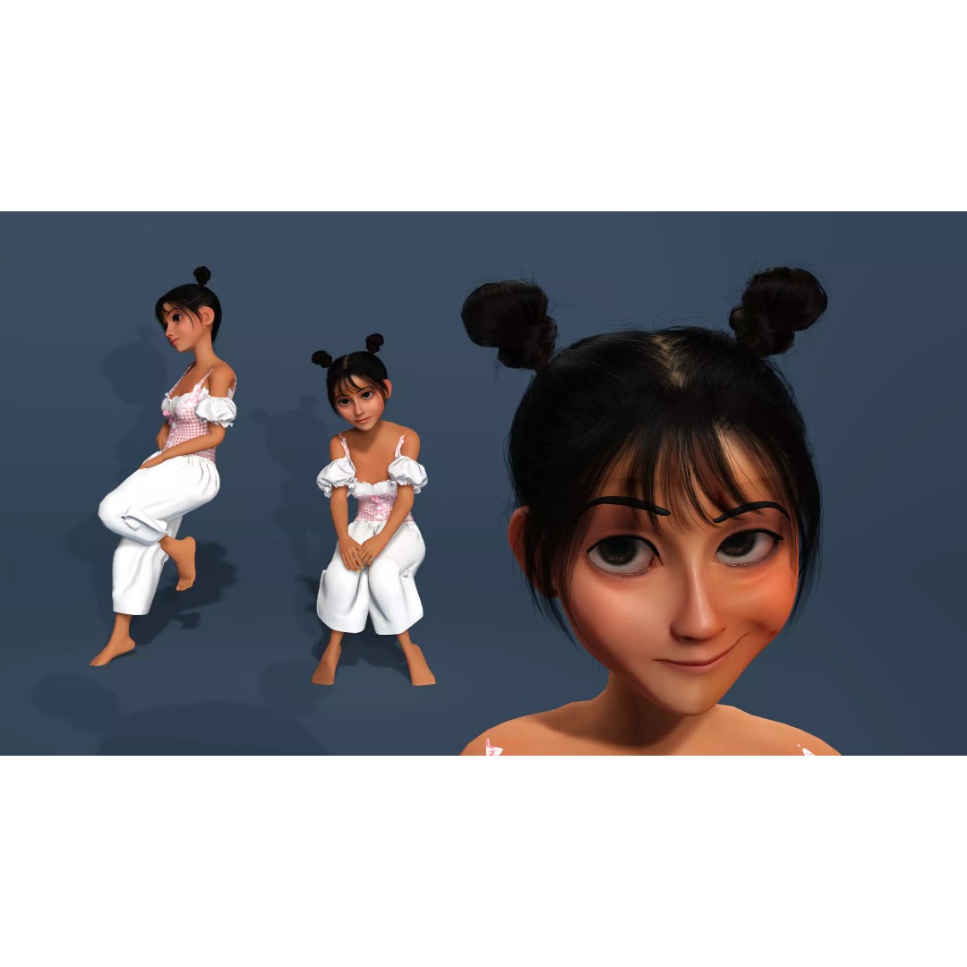Charming Cartoon Girl 3D Model – Game Ready, Rigged, Blender & FBX - View 7