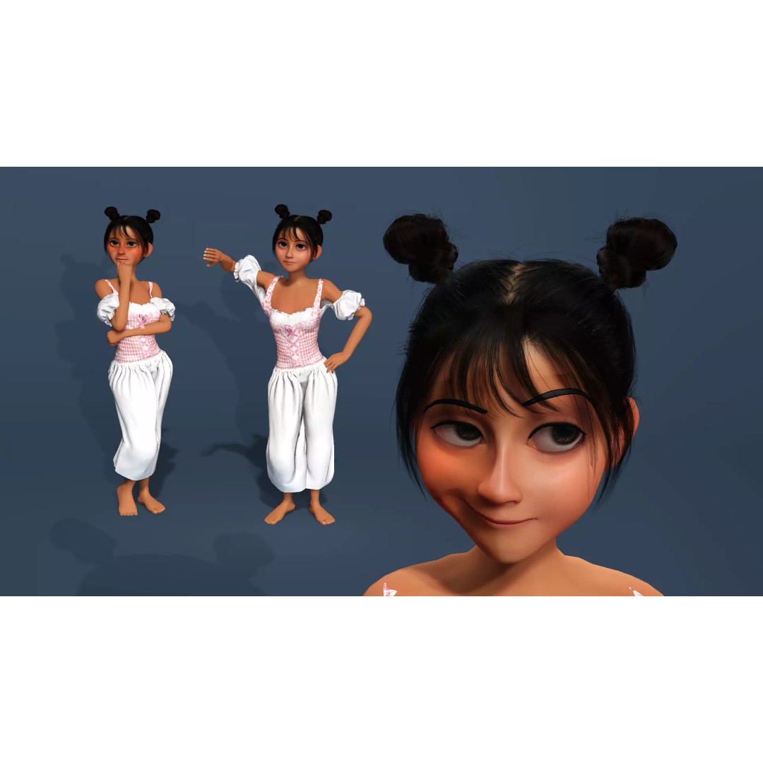 Charming Cartoon Girl 3D Model – Game Ready, Rigged, Blender & FBX - View 8